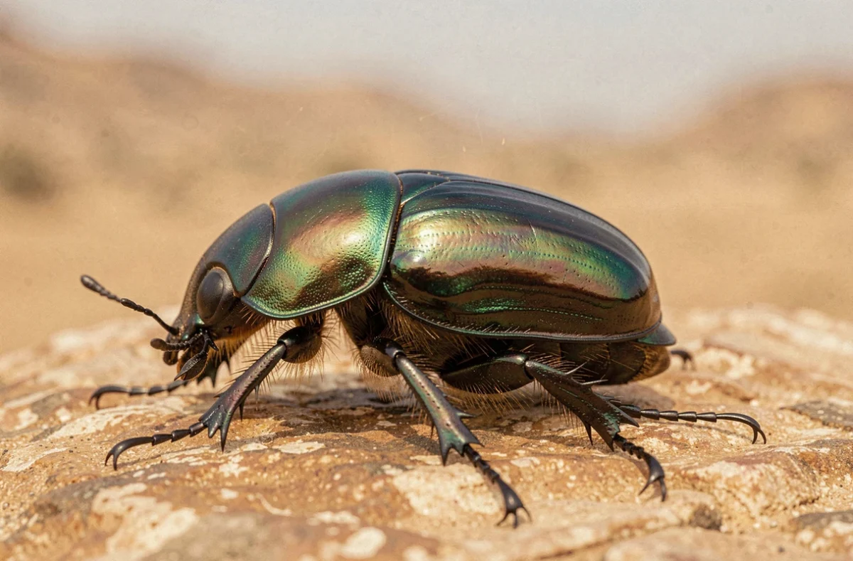Scarabée iridescent aux reflets émeraude et bronze posé sur une pierre de grès désertique, symbole du cycle de vie dans la culture égyptienne