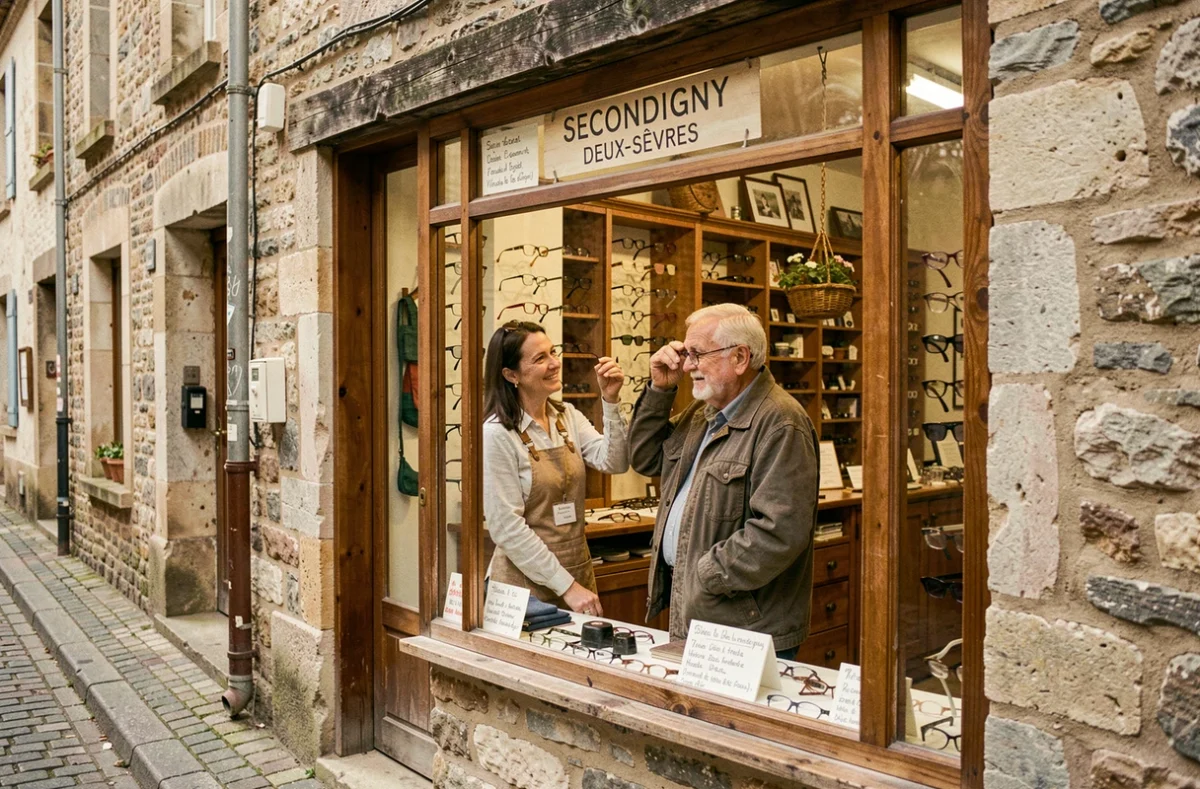Secondigny Optique, petite boutique d'opticien en zone rurale dans les Deux-Sèvres, avec une opticienne aidant un client âgé