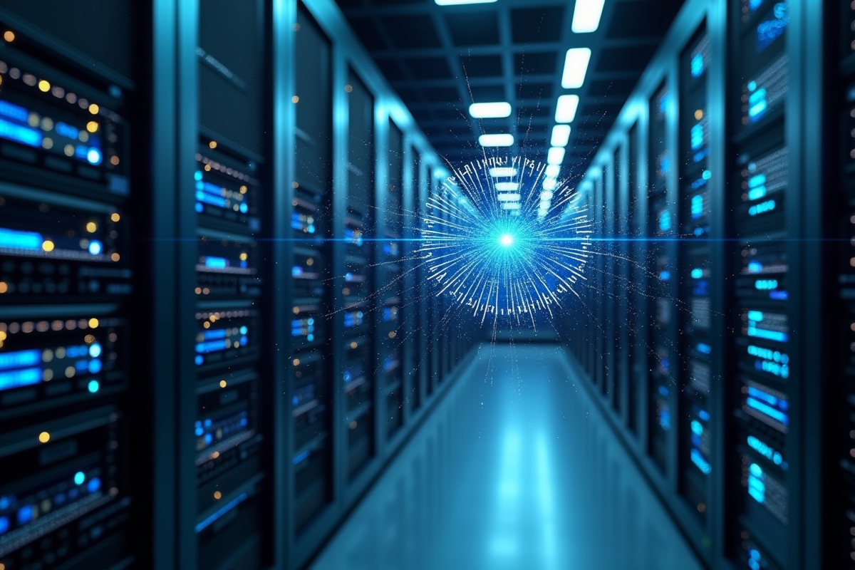 Salle serveurs avec circuit blockchain dans un bureau moderne