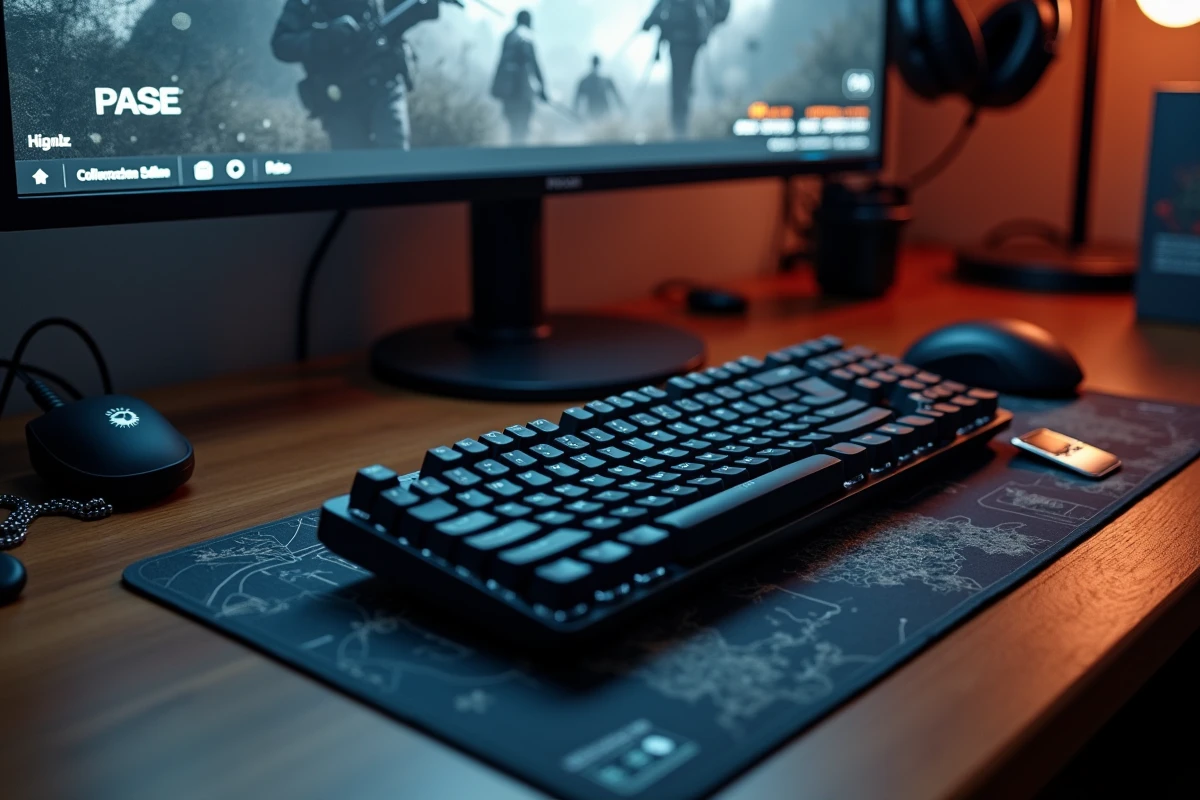 Setup gaming détaillé avec moniteur affichant un jeu de guerre réaliste, clavier mécanique et dog tag militaire sur bureau