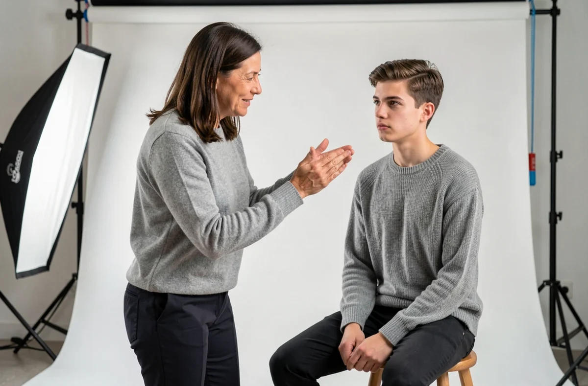 Photographe de Shooting Flash Studio dirigeant une séance portrait dans un studio avec fond blanc à Marseille
