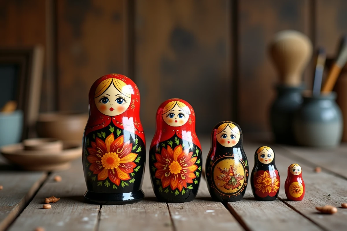 Cinq poupées russes matryoshka alignées sur une table en bois avec des styles régionaux distincts — Semyonov, Sergiev Posad et Polkhov-Maidan