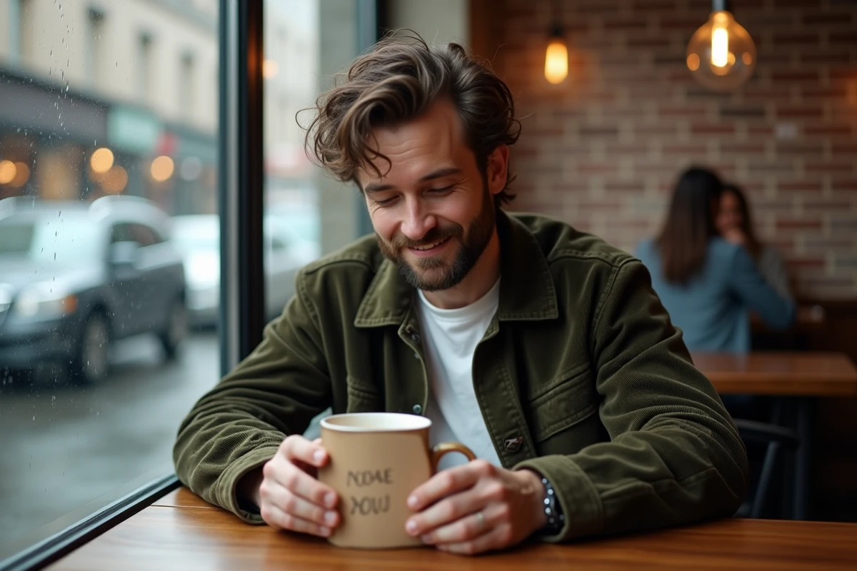 Homme introverti et souriant lisant un mot doux dans un café, atmosphère intime et authentique