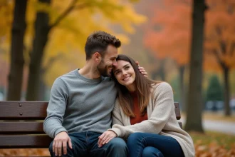 Couple tendre assis sur un banc en automne, homme réservé et complice avec sa partenaire dans un parc