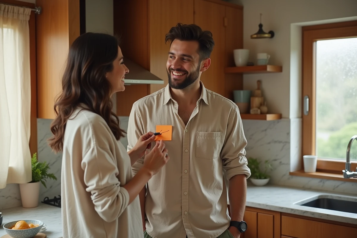 Homme tactile et souriant dans une cuisine cosy, partenaire lui collant un mot doux sur la poitrine