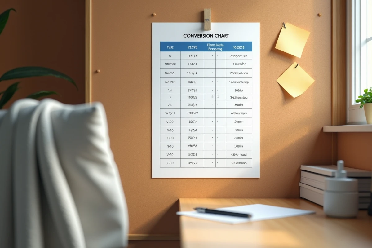 Tableau de conversion litres et cm3 imprimé sur papier A4 affiché sur un tableau en liège dans un bureau à domicile