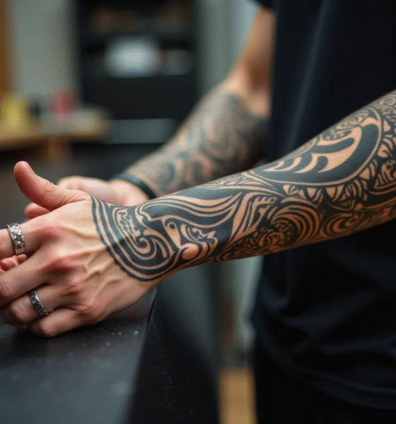 Détail d'un avant-bras avec tatouages maoris en lumière naturelle