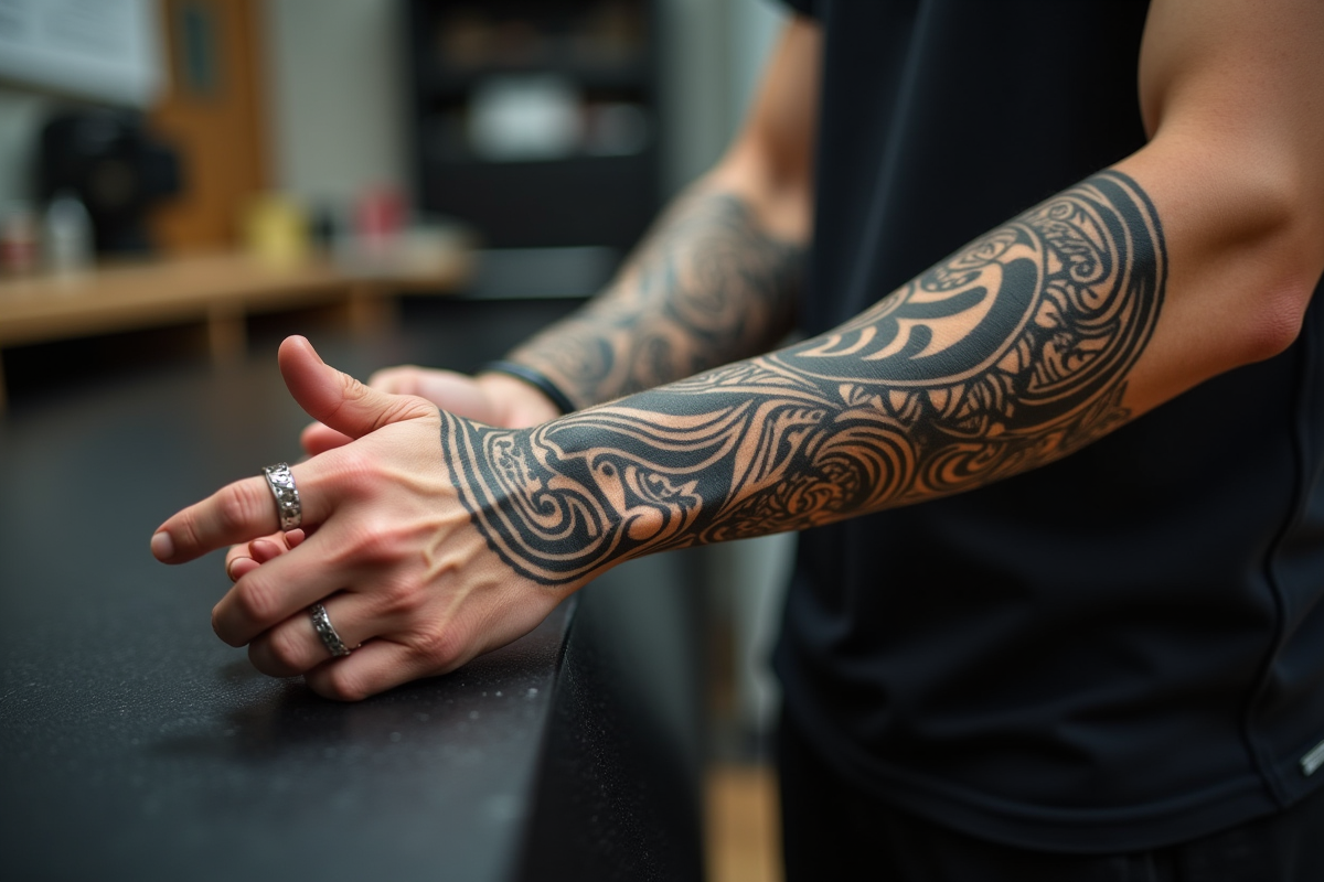 Détail d'un avant-bras avec tatouages maoris en lumière naturelle