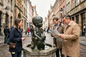 Touristes consultant une carte devant la statue du Manneken Pis à Bruxelles dans une rue pavée historique