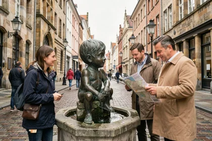 Touristes consultant une carte devant la statue du Manneken Pis à Bruxelles dans une rue pavée historique