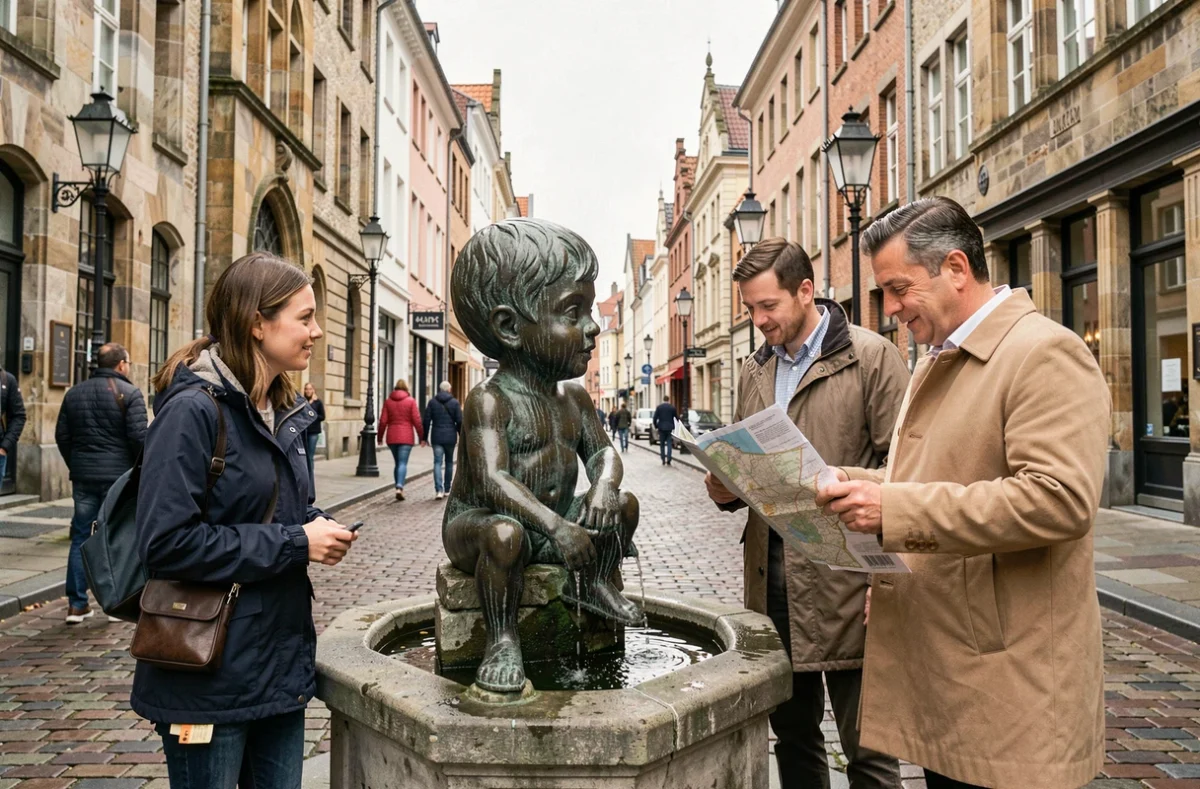 Touristes consultant une carte devant la statue du Manneken Pis à Bruxelles dans une rue pavée historique