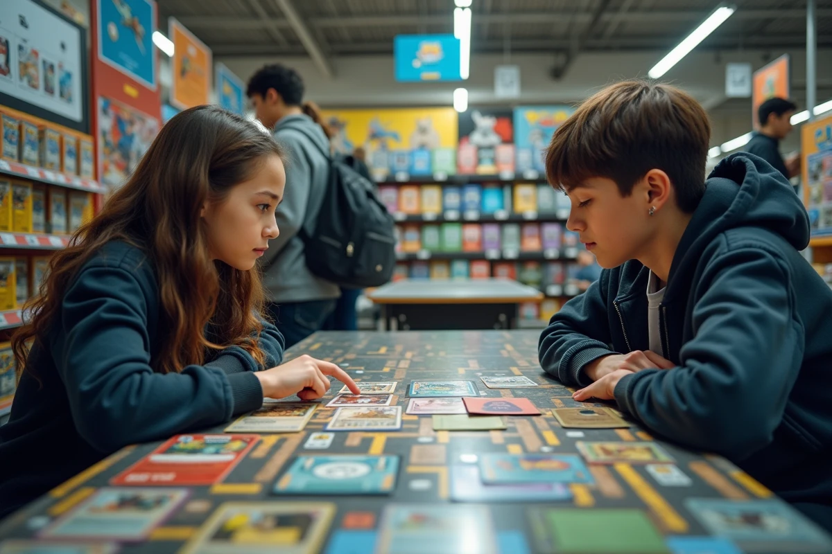Deux adolescents s'affrontent dans un tournoi de cartes Pokémon avec un Pokémon de type Psy au centre de la stratégie de jeu