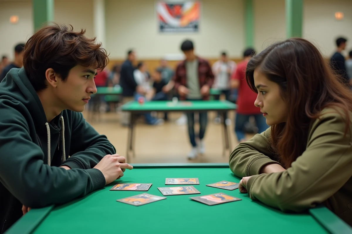 Deux joueurs s'affrontent lors d'un tournoi Pokémon Rivalités Destinées dans une salle de jeu communautaire