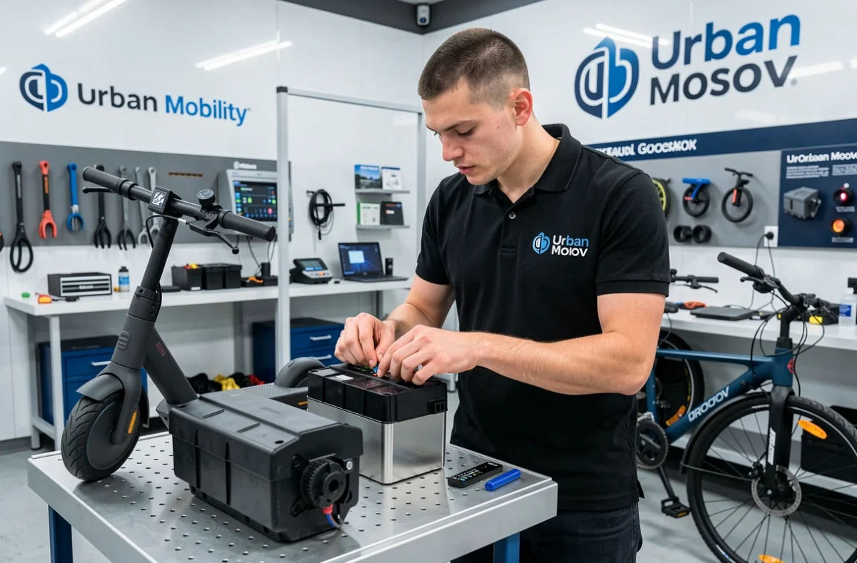 Technicien d'Urban Moov à Dijon inspectant la batterie d'une trottinette électrique posée à côté d'un vélo électrique dans un atelier de mobilité moderne