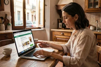 Femme utilisant un site de petites annonces italien sur ordinateur portable dans un appartement en Italie