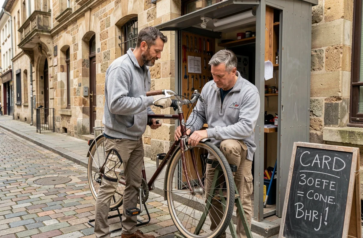 Mécanicien de Vélo Station Dijon gonflant les pneus d'un vélo de ville devant son atelier en centre-ville sur rue piétonne