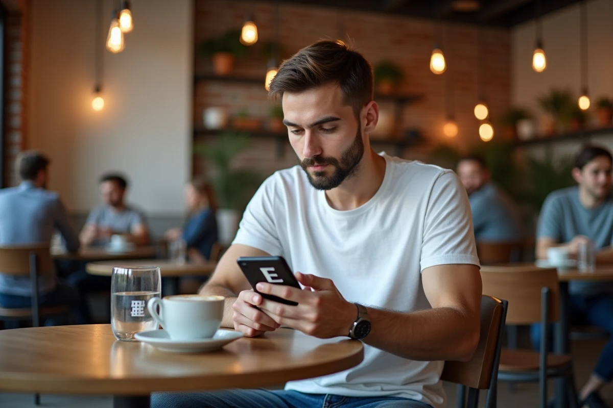 Jeune homme consultant une application typographique sur smartphone montrant la lettre E majuscule dans un café urbain