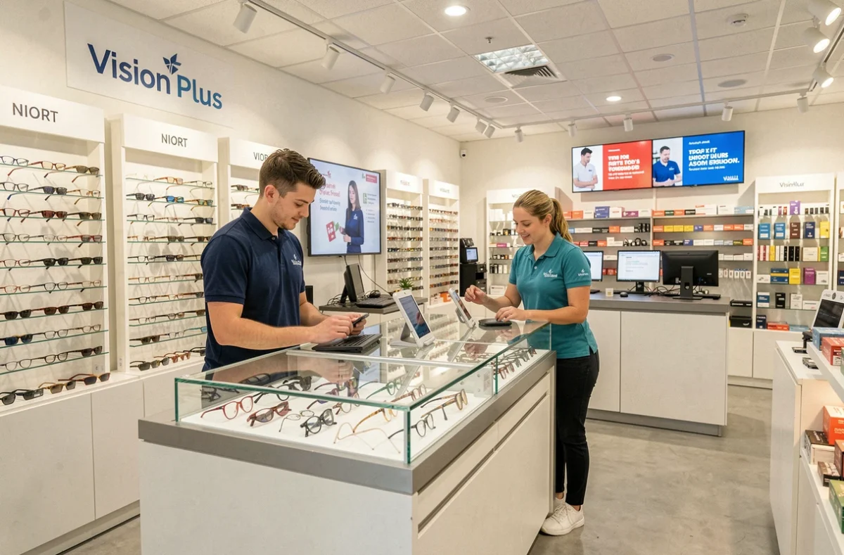 Espace multiservices Vision Plus à Niort avec un opticien aidant une cliente à choisir des montures