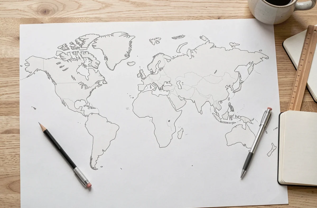 Vue aérienne d'une carte du monde vierge imprimée sur papier mat blanc avec des outils de dessin sur une table en bois