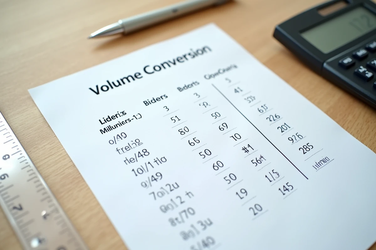Vue de dessus d'un tableau de conversion litre cm3 imprimé posé sur un bureau en chêne avec règle et calculatrice