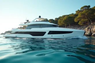 Yacht de luxe blanc naviguant sur la Méditerranée près de Cannes, vue grand angle sur la mer turquoise