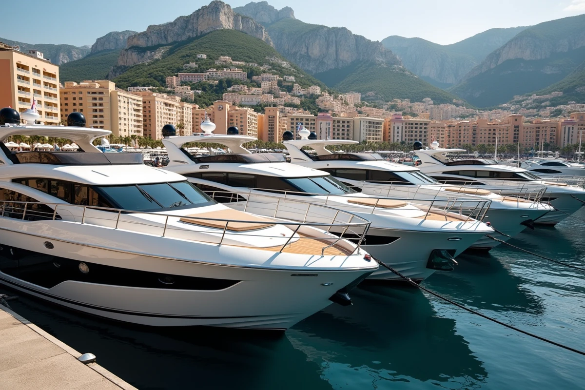 Trois yachts de luxe amarrés côte à côte dans le port de Monaco, vue du quai